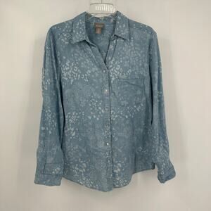 Chicos Womens Button Up Shirt Size 2 US L Hemp Blend Chambray Boho Casual Floral